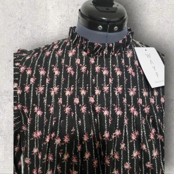 WAYF Women Top High Neck Ruffle Collar Long Sleeve Floral Print Black Size Small - Picture 3 of 7